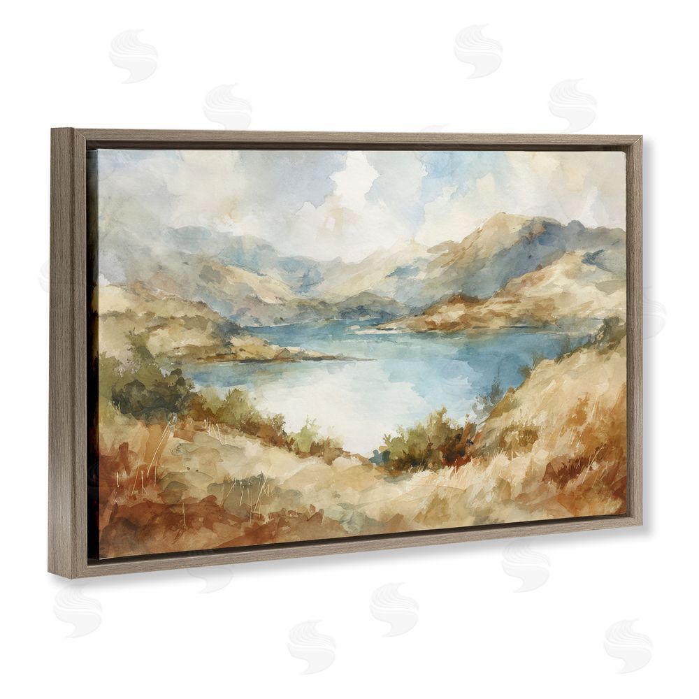 Petal Prints Design Secret Mountain Lake Panorama Brown Floating Framed Canvas Wall Art Print
