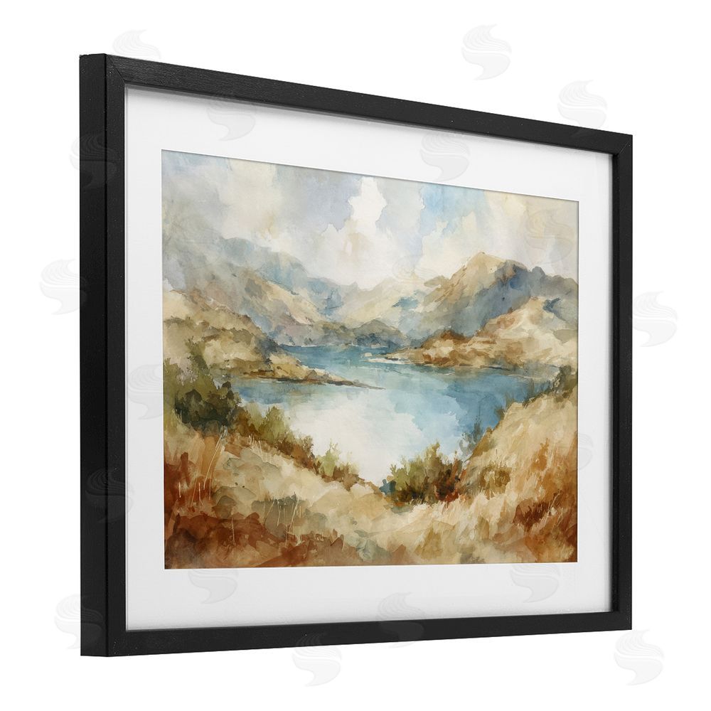 Petal Prints Design Secret Mountain Lake Panorama Black Framed Print Under Glass with White Mat Wall Art