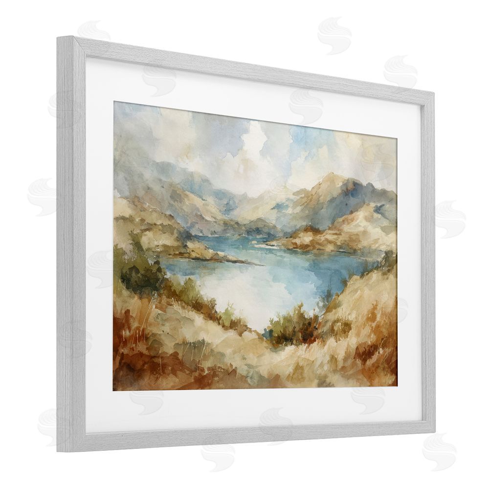 Petal Prints Design Secret Mountain Lake Panorama Gray Framed Print Under Glass with White Mat Wall Art