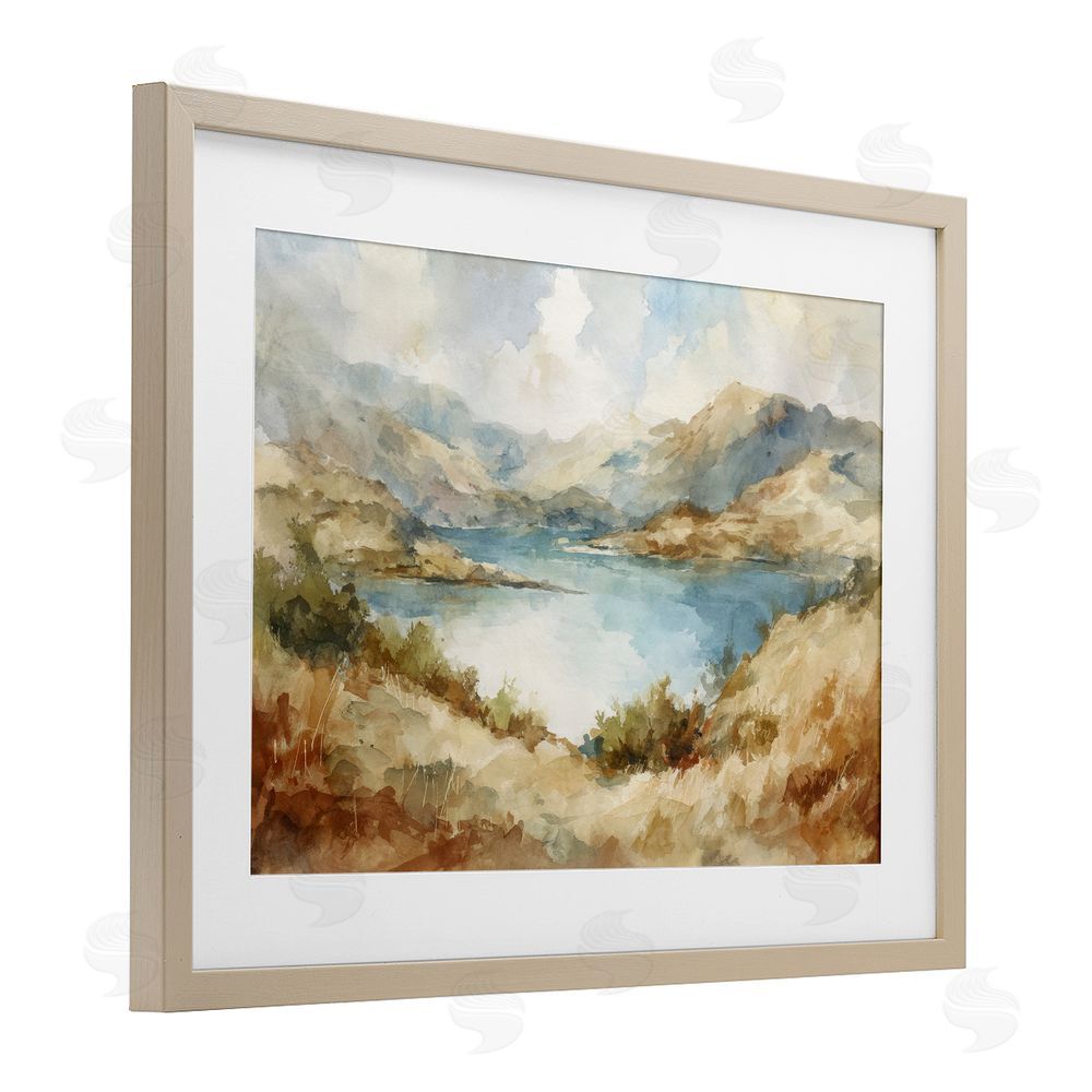 Petal Prints Design Secret Mountain Lake Panorama Brown Framed Print Under Glass with White Mat Wall Art