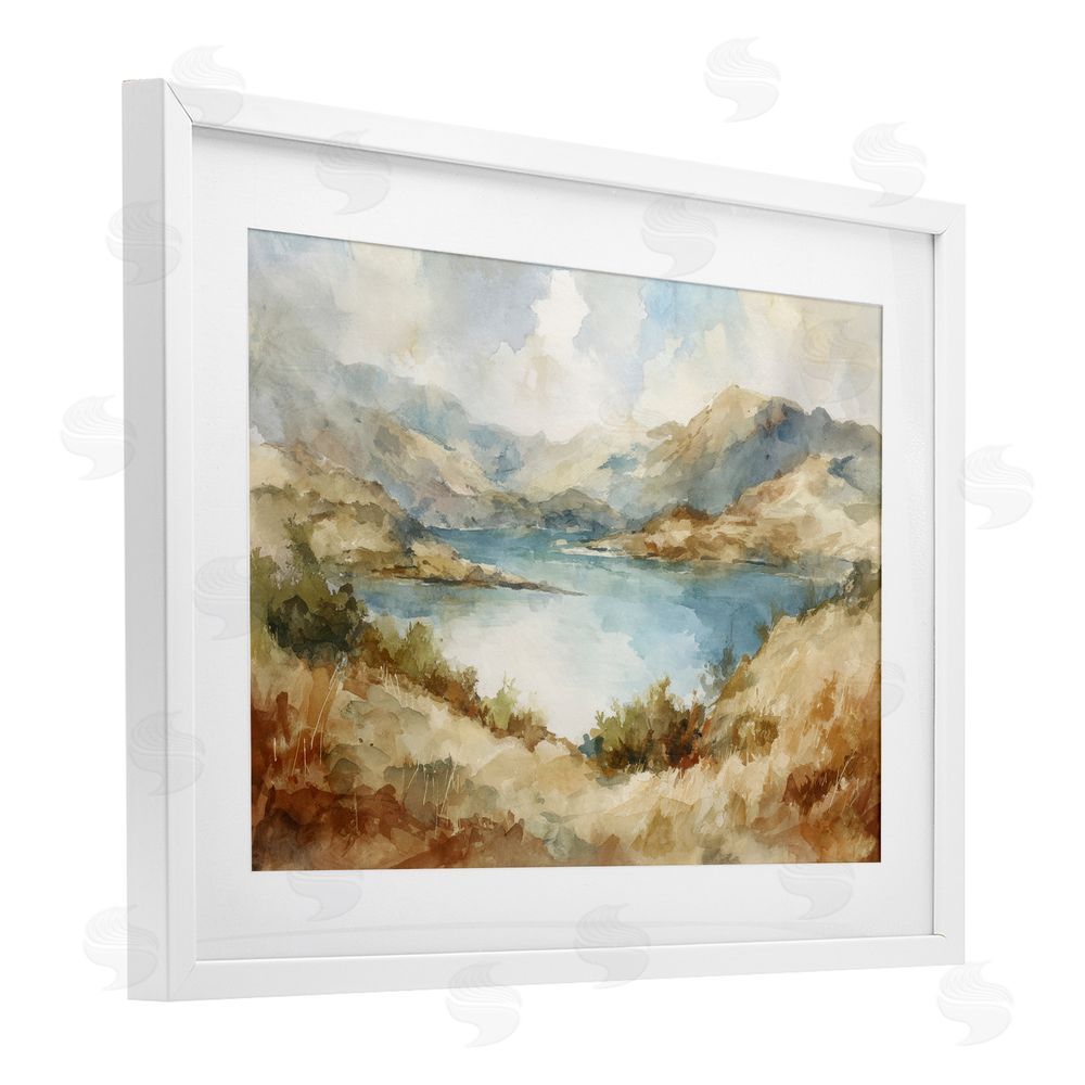 Petal Prints Design Secret Mountain Lake Panorama White Framed Print Under Glass with White Mat Wall Art