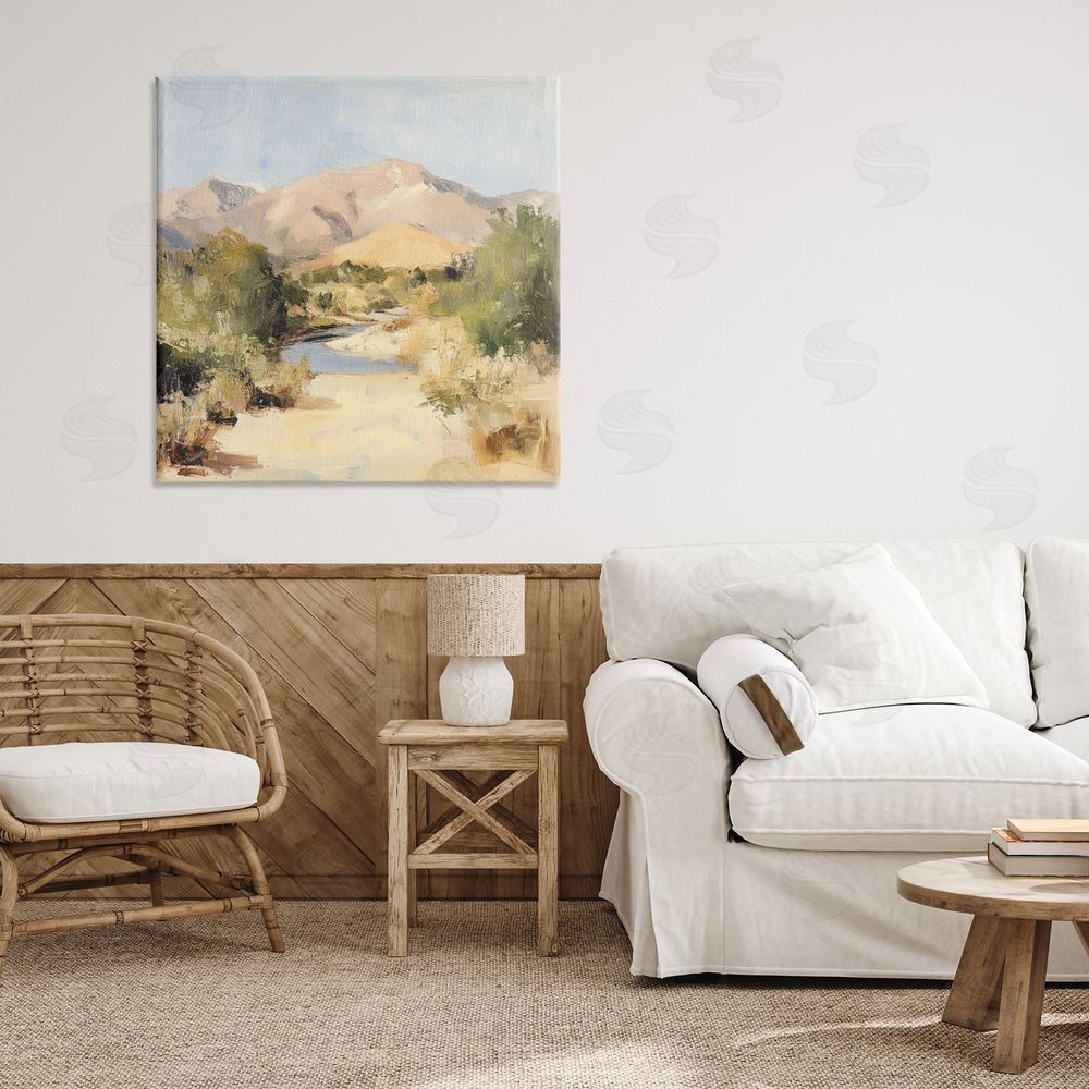 Petal Prints Design Beige Desert Mountain Stream Stretched Canvas Wall Art Print in Room