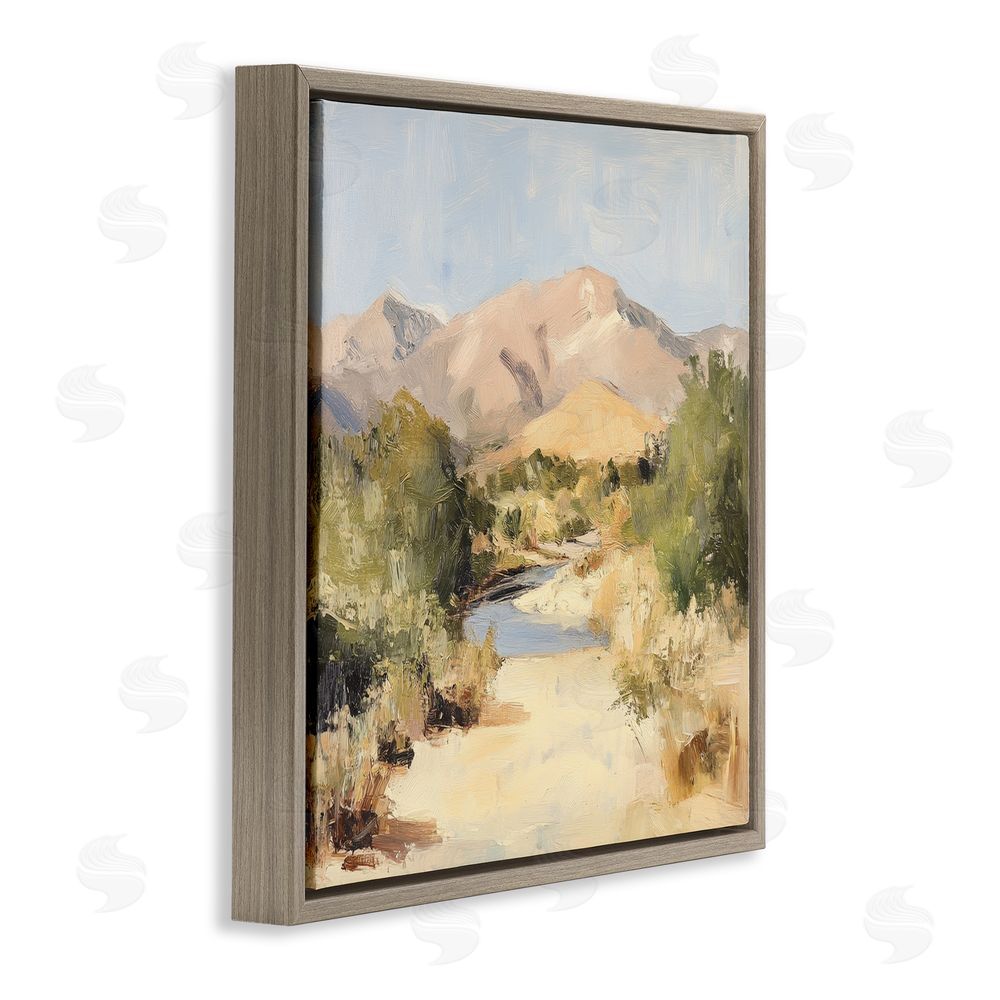 Petal Prints Design Beige Desert Mountain Stream Brown Floating Frame Stretched Canvas Wall Art Print
