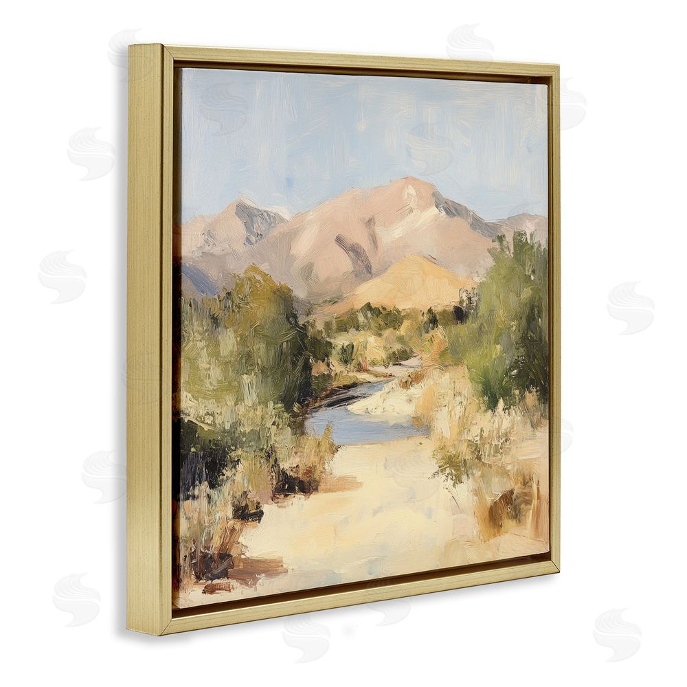 Petal Prints Design Beige Desert Mountain Stream Gold Floating Frame Stretched Canvas Wall Art Print