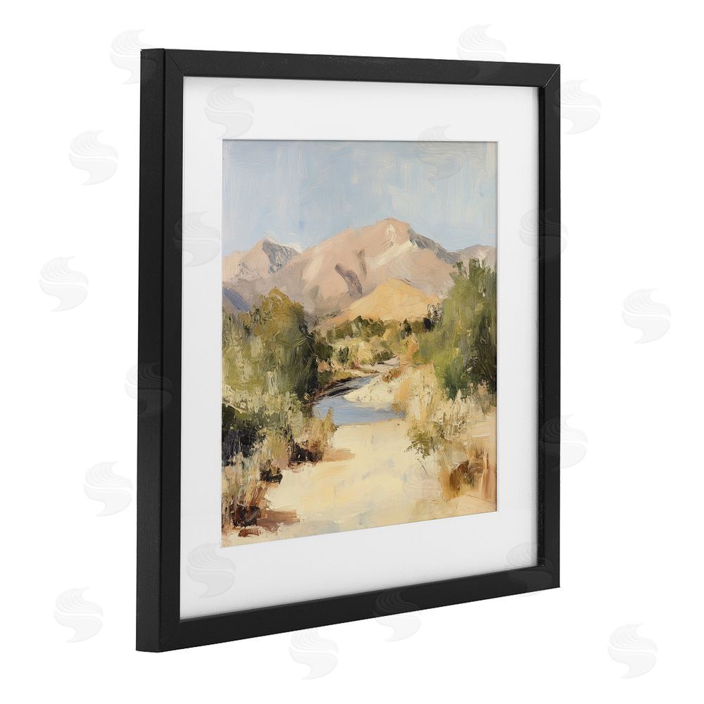 Petal Prints Design Beige Desert Mountain Stream Black Framed Print Under Glass with Matting Wall Art