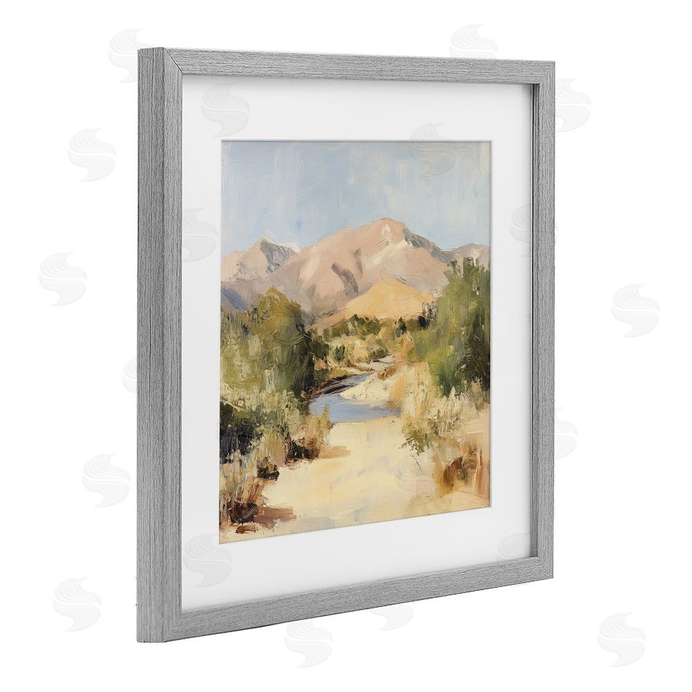 Petal Prints Design Beige Desert Mountain Stream Gray Framed Print Under Glass with Matting Wall Art