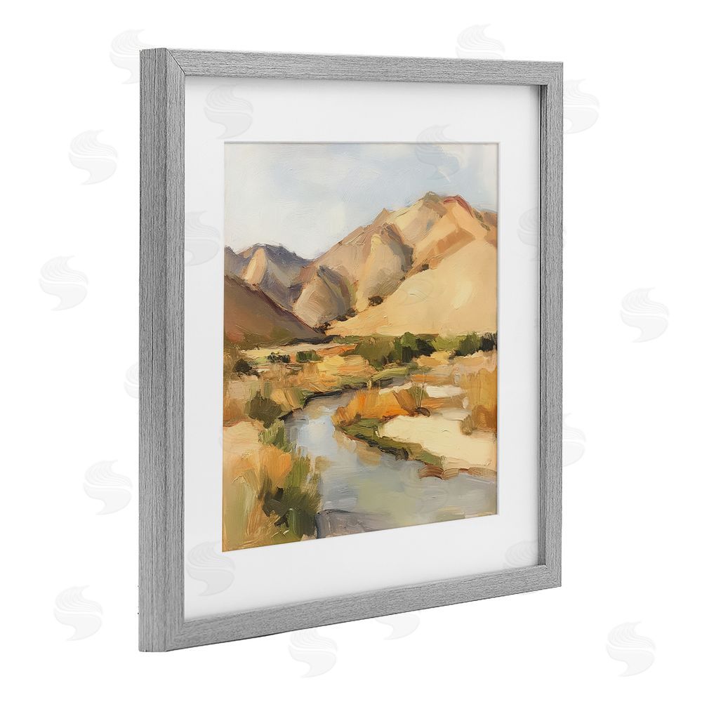 Petal Prints Design Wispy Desert River Gray Framed Print Under Glass with White Mat Wall Art