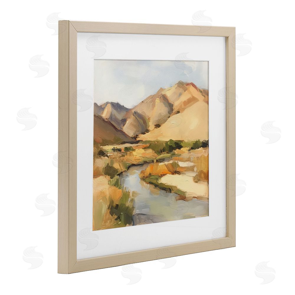Petal Prints Design Wispy Desert River Brown Framed Print Under Glass with White Mat Wall Art