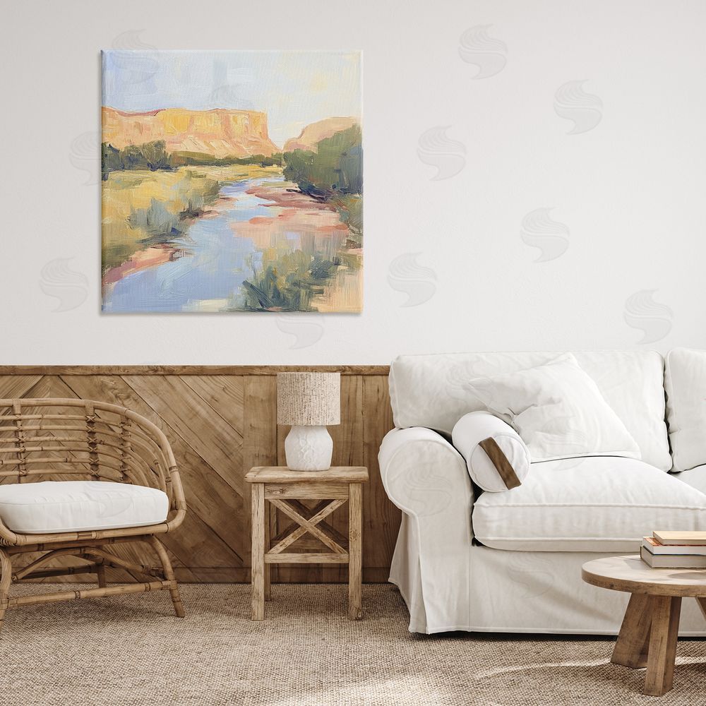 Petal Prints Design Painted Plateau River Reflection Stretched Canvas Wall Art in Room