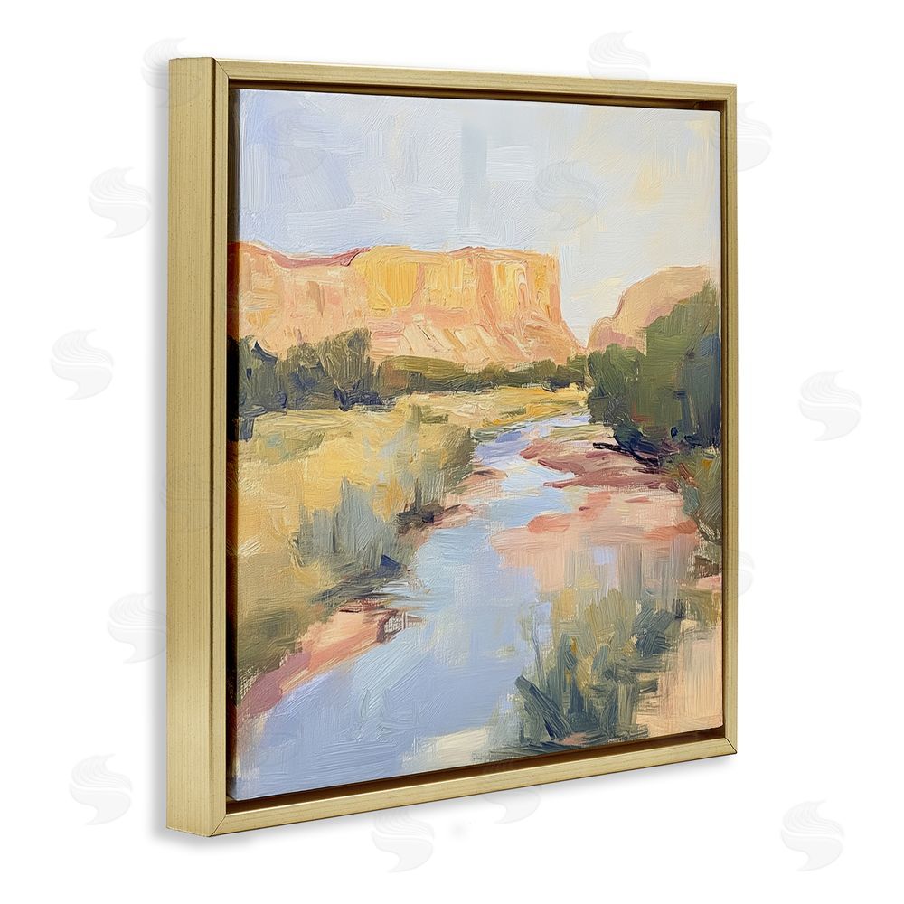 Petal Prints Design Painted Plateau River Reflection Gold Floating Framed Canvas Wall Art