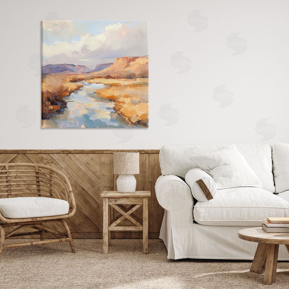Petal Prints Design Plateau River Evening Glow Stretched Canvas Wall Art in Room