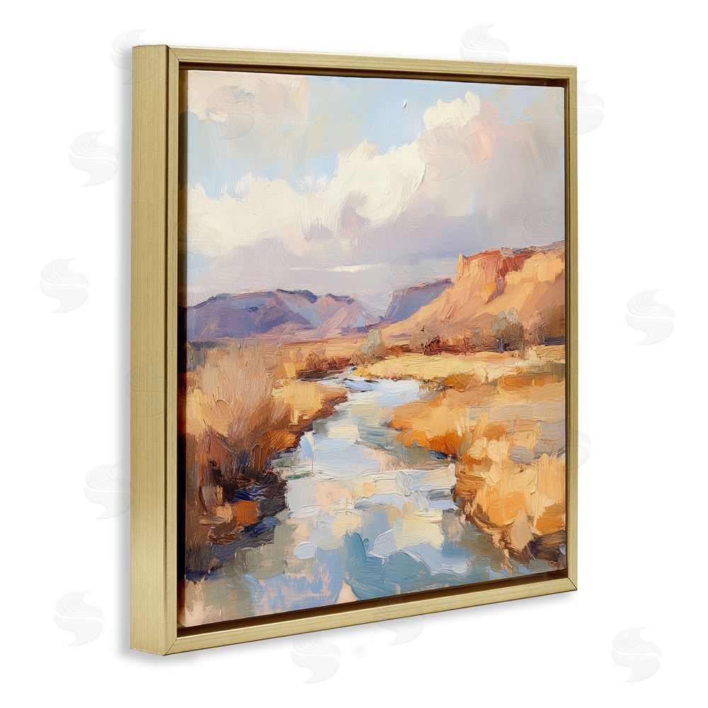 Petal Prints Design Plateau River Evening Glow Gold Floating Framed Canvas Wall Art