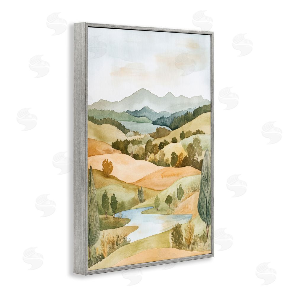 Petal Prints Design Watercolor Hills & Tranquil Valley Gray Framed Giclee Wall Art Print