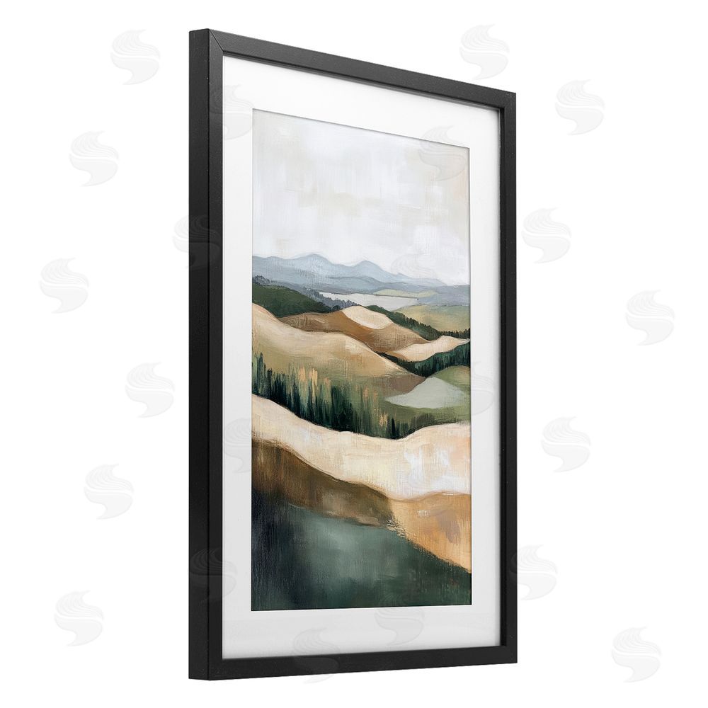 Petal Prints Design Tranquil Rolling Hills & Fields Black Framed Print Under Glass with White Mat Wall Art