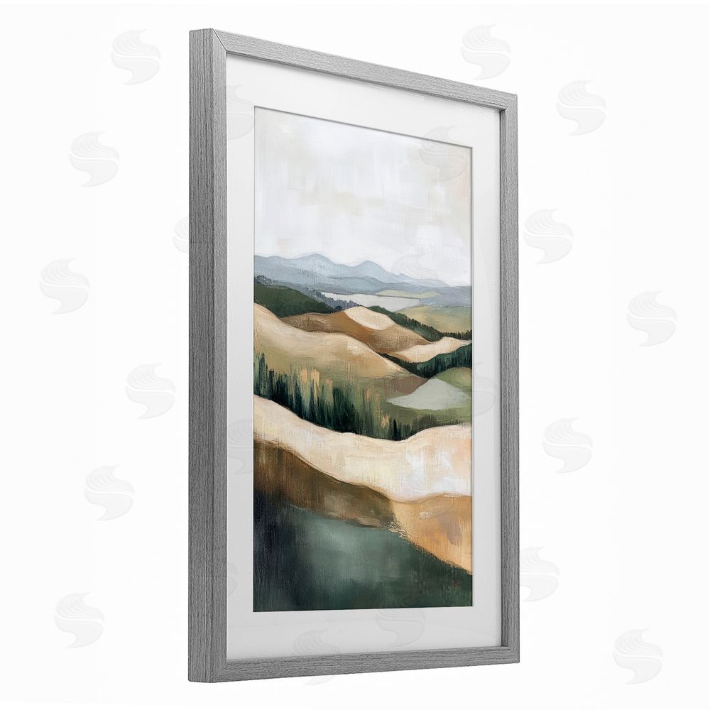 Petal Prints Design Tranquil Rolling Hills & Fields Gray Framed Print Under Glass with White Mat Wall Art