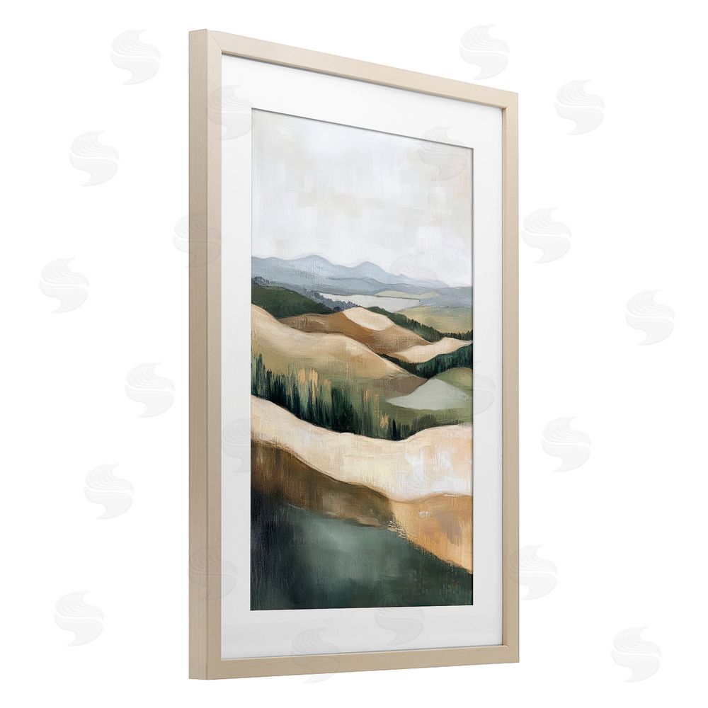 Petal Prints Design Tranquil Rolling Hills & Fields Brown Framed Print Under Glass with White Mat Wall Art