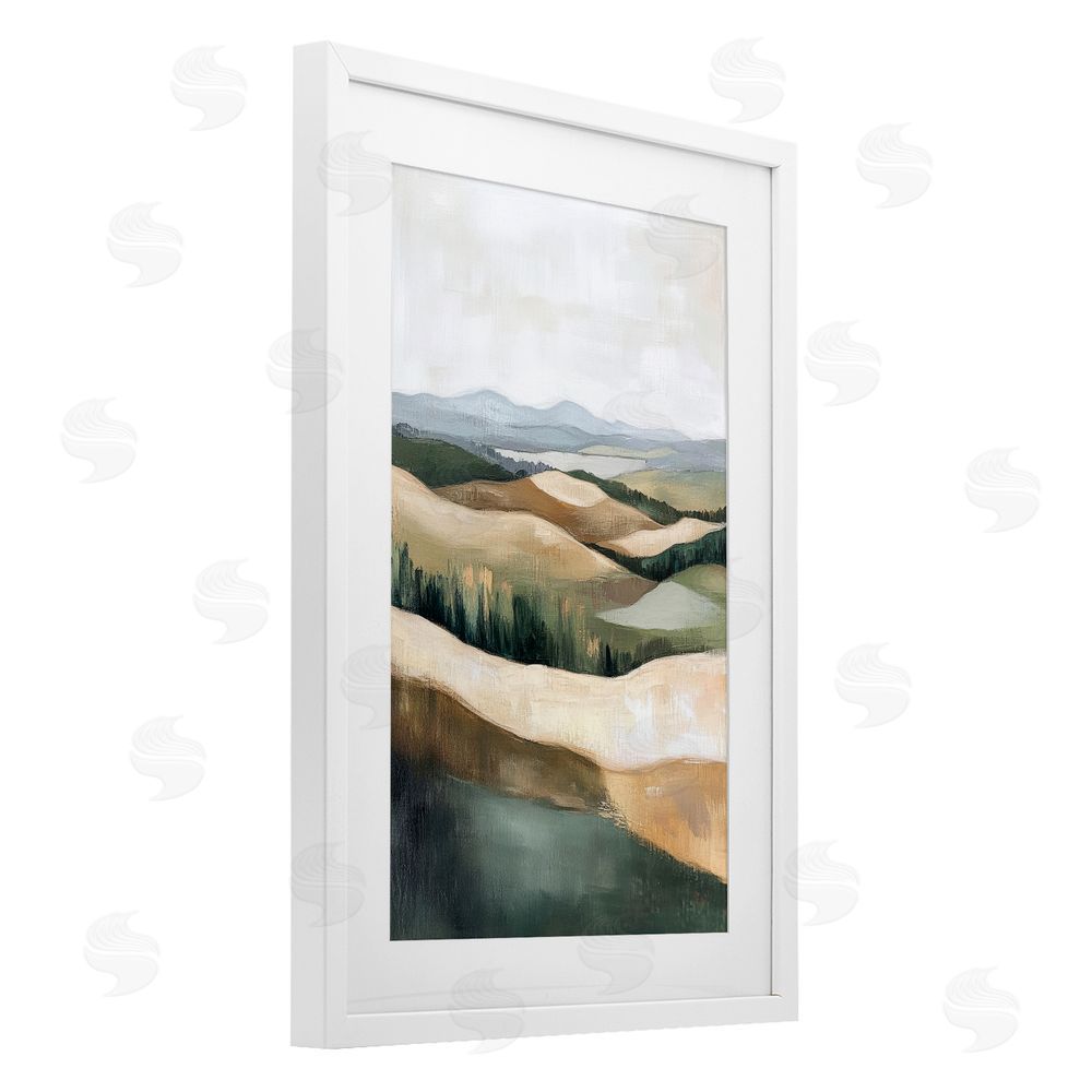 Petal Prints Design Tranquil Rolling Hills & Fields White Framed Print Under Glass with White Mat Wall Art