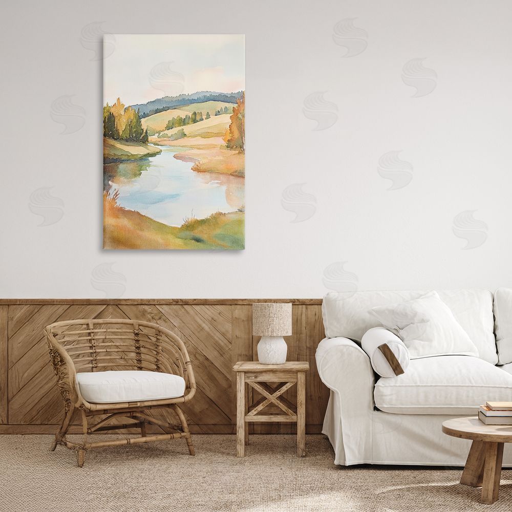 Petal Prints Design Serene Watercolor Lake Escape Stretched Canvas on Wall