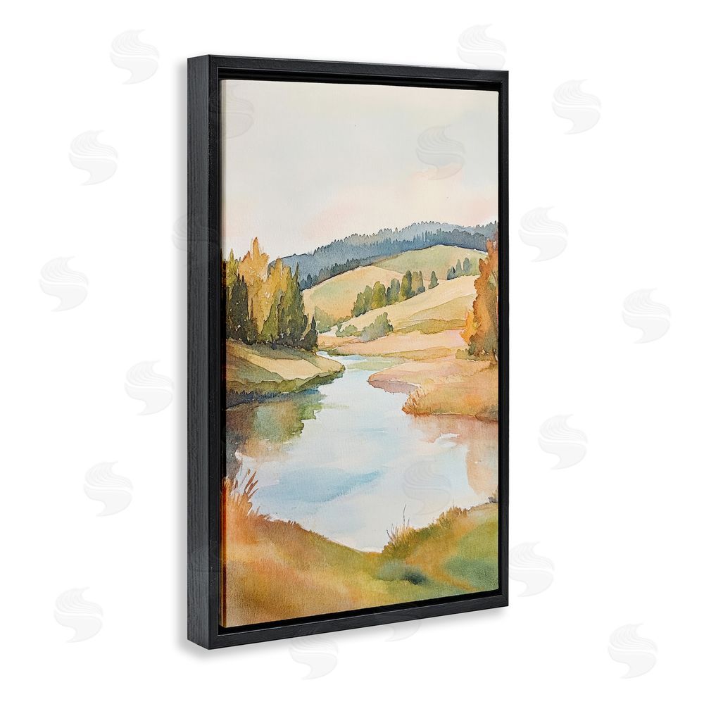 Petal Prints Design Serene Watercolor Lake Escape Black Floating Framed Canvas Wall Art Print