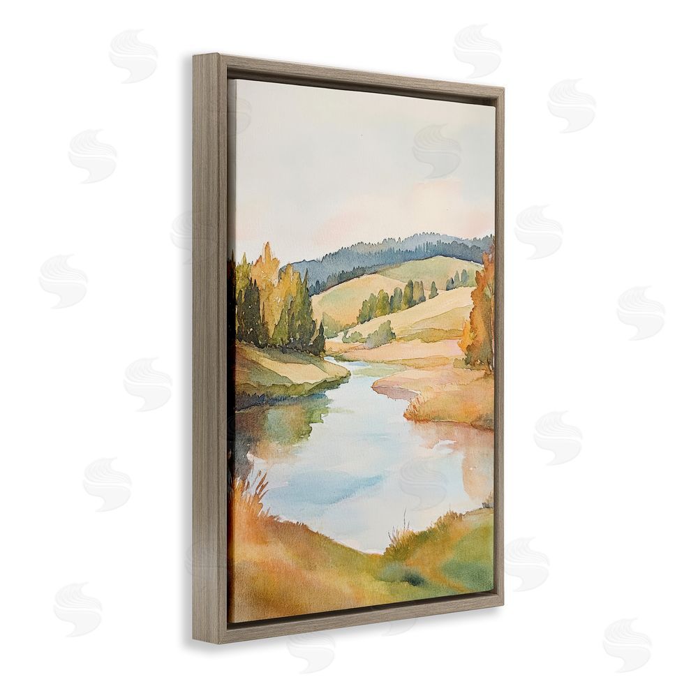 Petal Prints Design Serene Watercolor Lake Escape Brown Floating Framed Canvas Wall Art Print