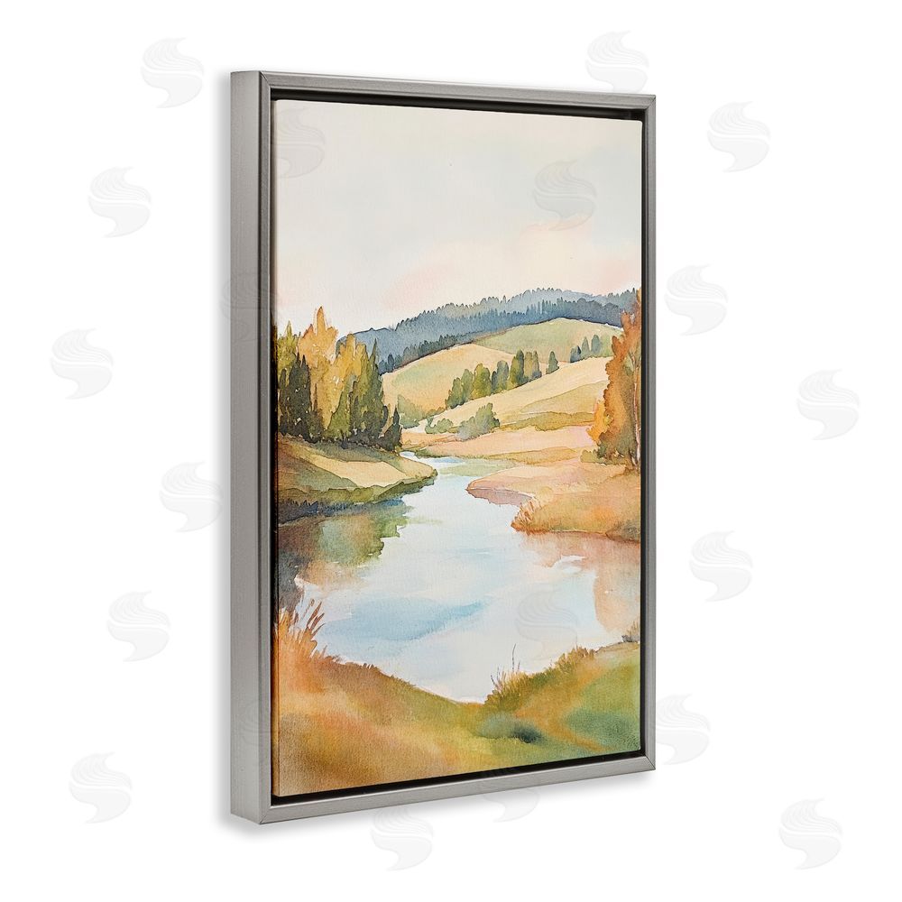 Petal Prints Design Serene Watercolor Lake Escape Gray Floating Framed Canvas Wall Art Print