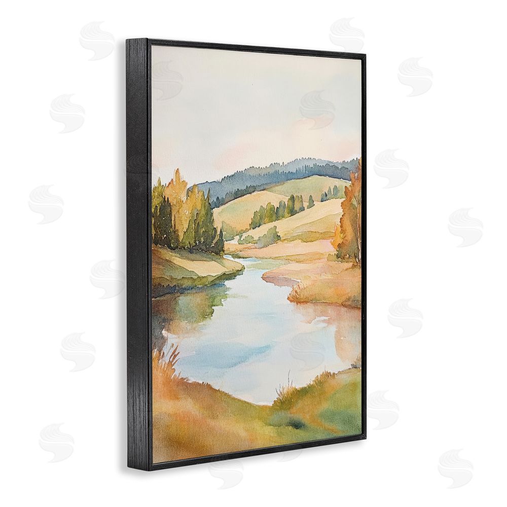 Petal Prints Design Serene Watercolor Lake Escape Black Framed Giclee Wall Art Print