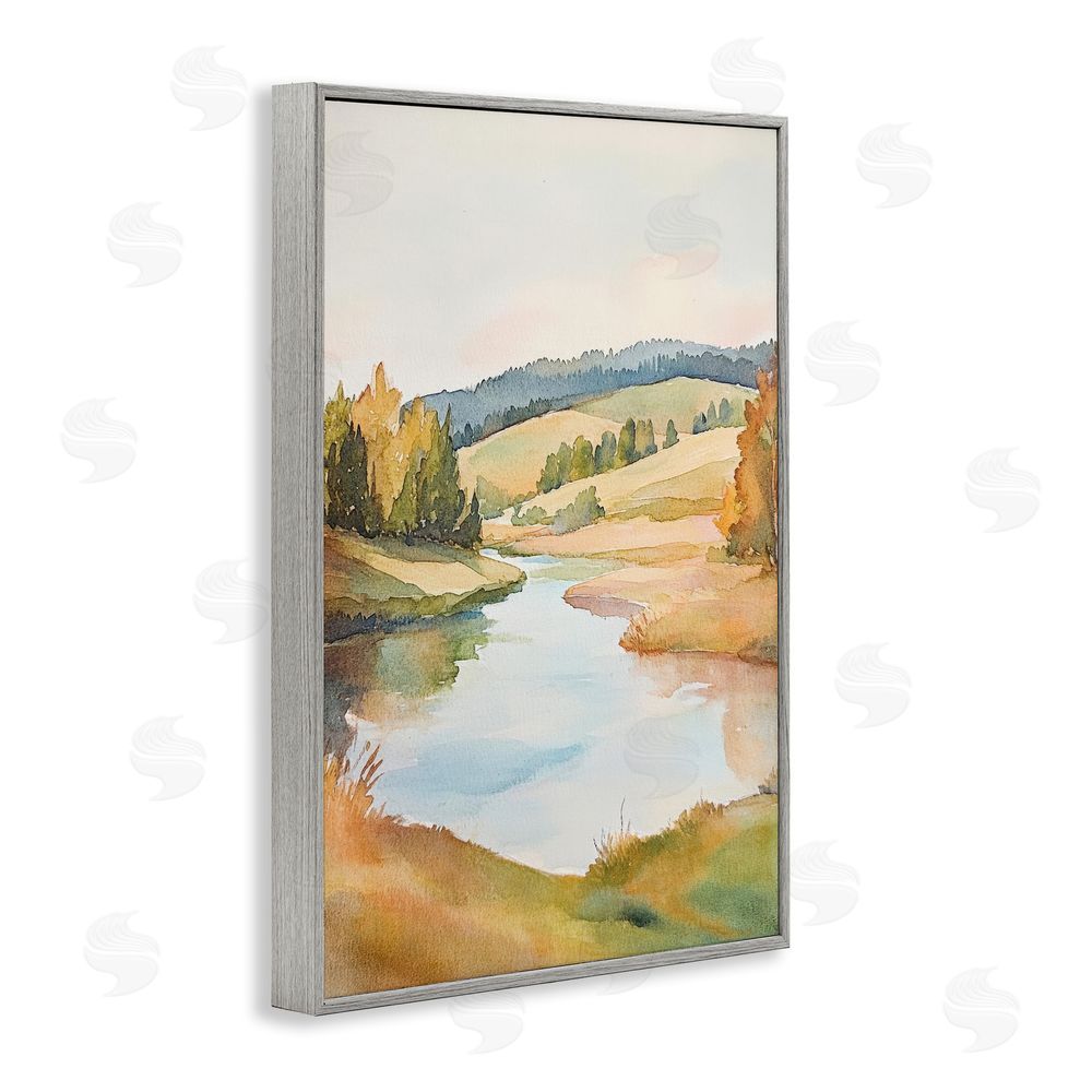 Petal Prints Design Serene Watercolor Lake Escape Gray Framed Giclee Wall Art Print