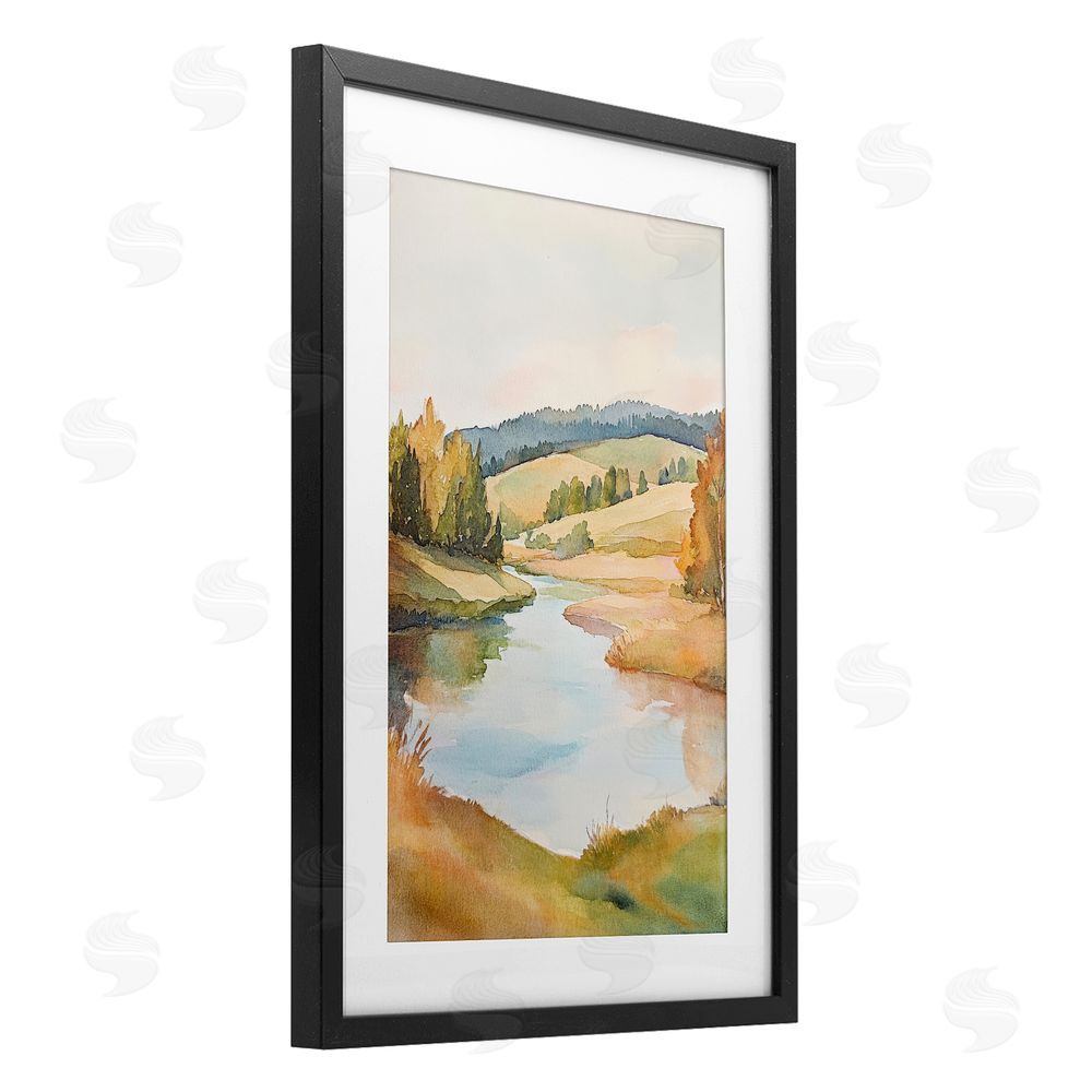 Petal Prints Design Serene Watercolor Lake Escape Black Framed Print Under Glass with White Mat Wall Art
