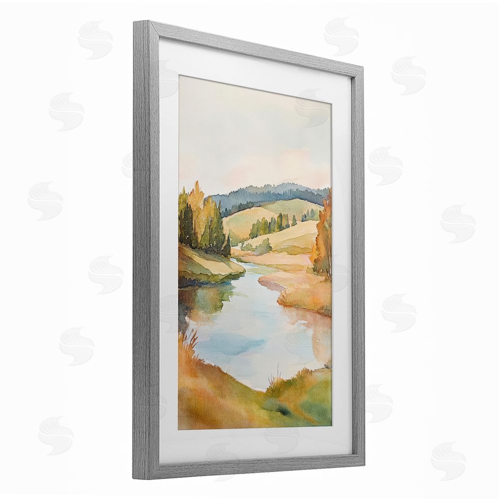 Petal Prints Design Serene Watercolor Lake Escape Gray Framed Print Under Glass with White Mat Wall Art