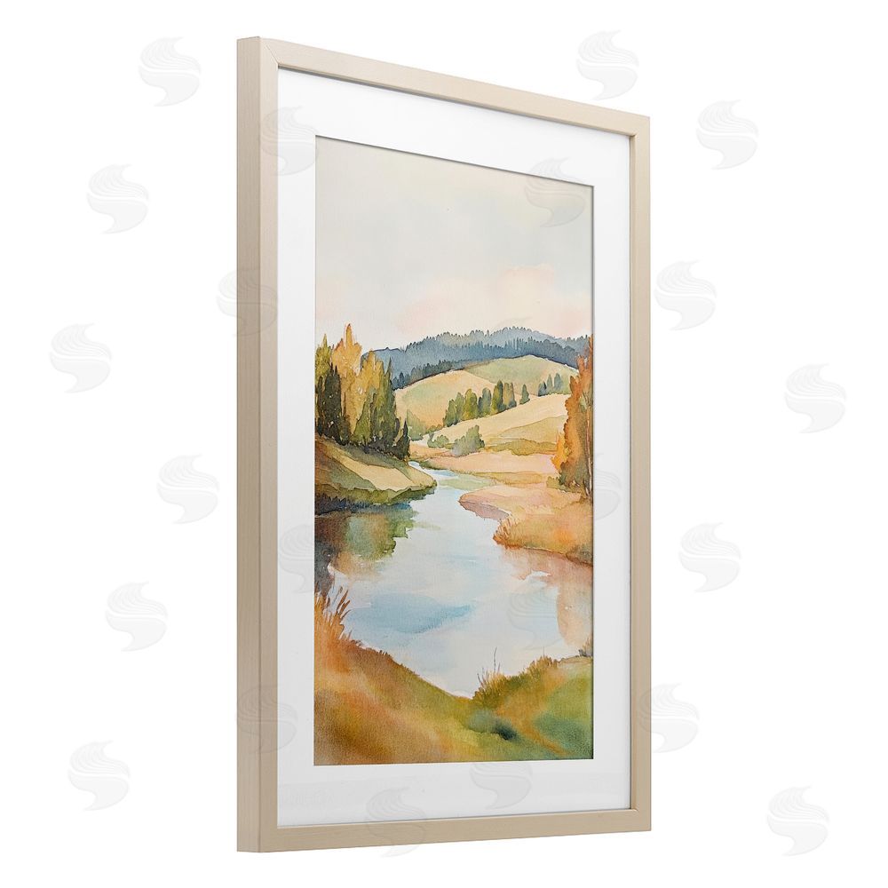 Petal Prints Design Serene Watercolor Lake Escape Brown Framed Print Under Glass with White Mat Wall Art