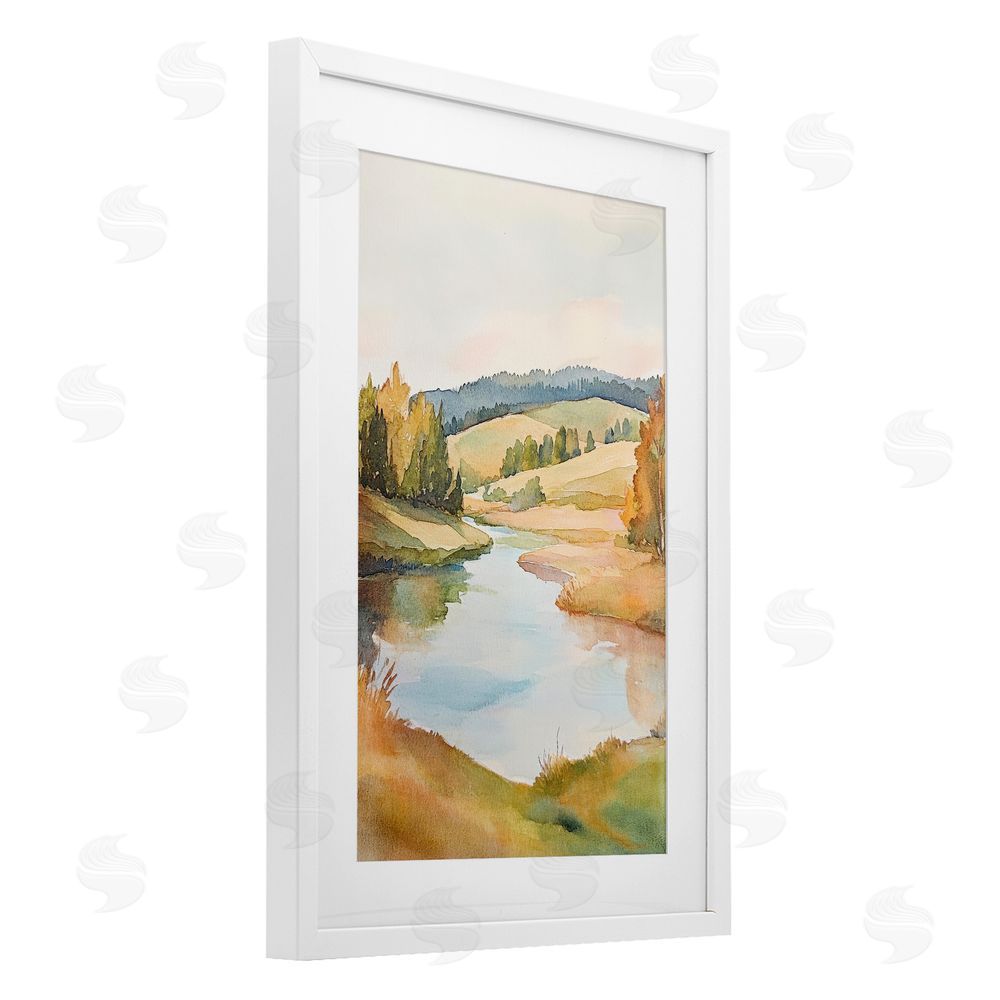 Petal Prints Design Serene Watercolor Lake Escape White Framed Print Under Glass with White Mat Wall Art