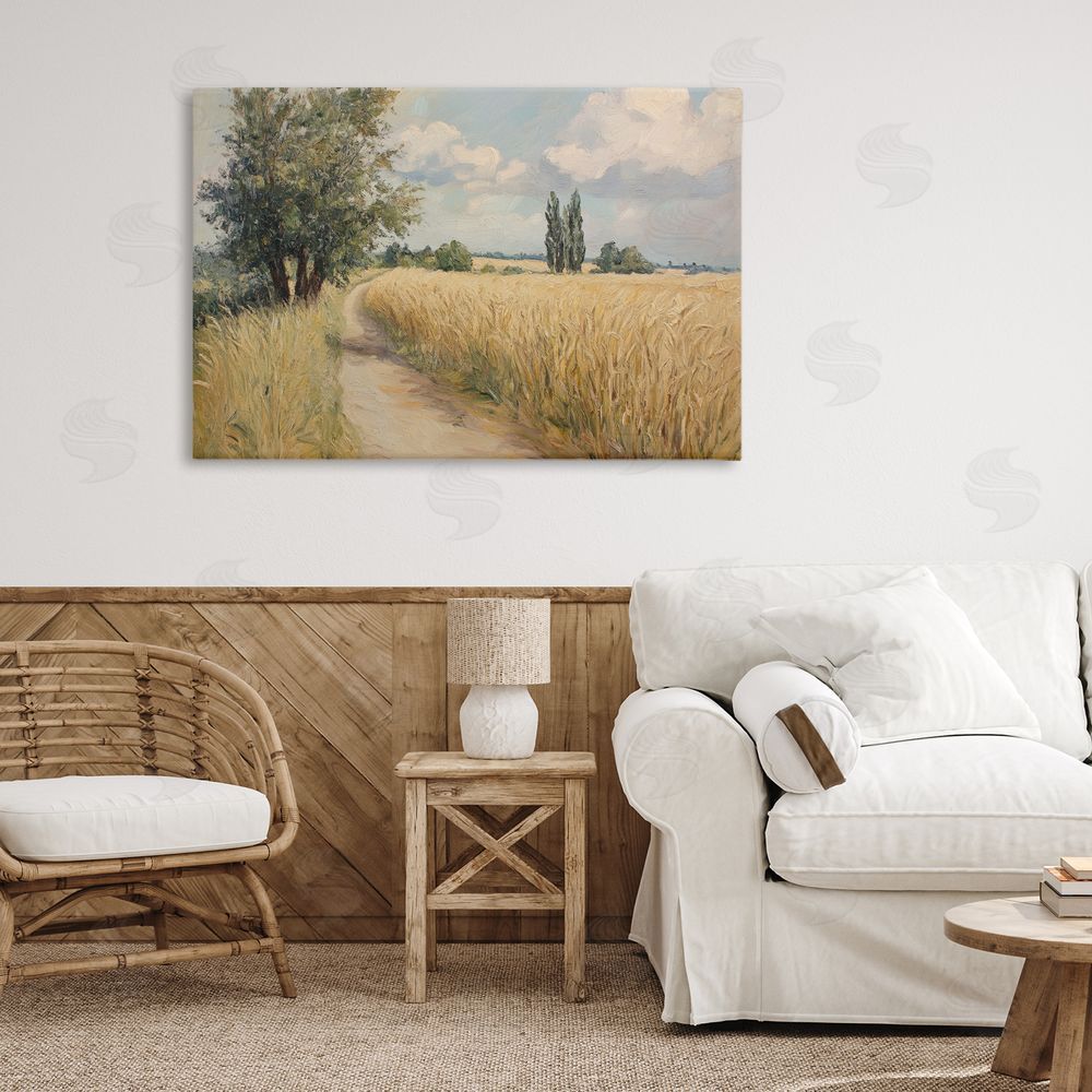 Petal Prints Design Quiet Path Through Wheat Stretched Canvas Wall Art in Room
