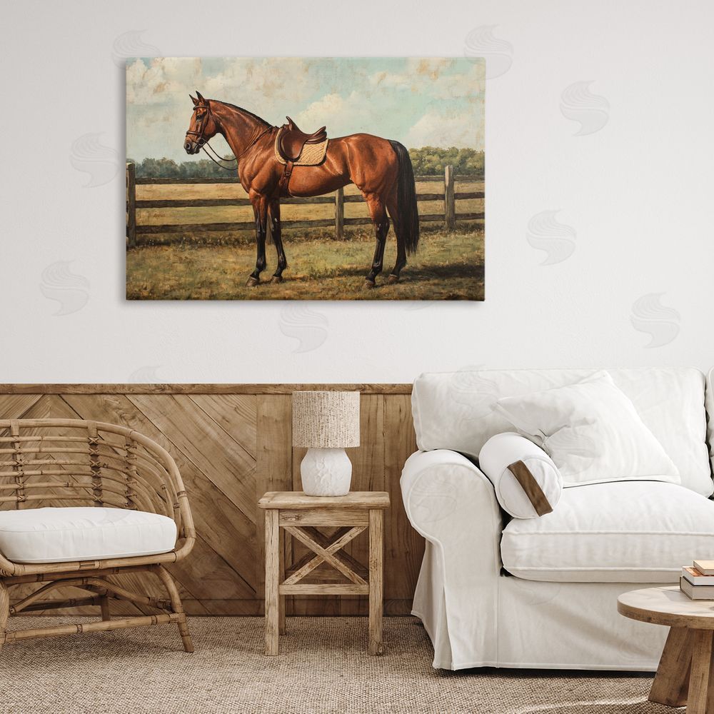 Petal Prints Design Chocolate Stag Saddled in Pasture Stretched Canvas Wall Art in Room