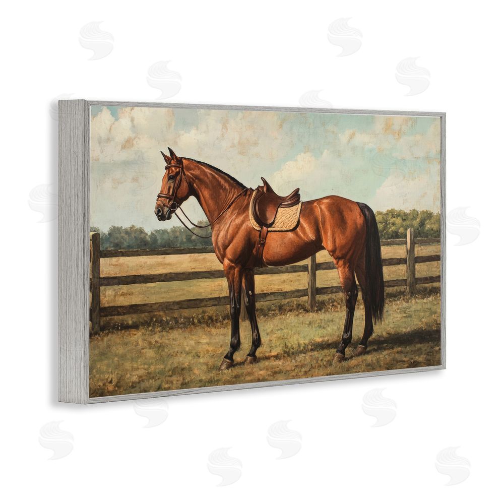 Petal Prints Design Chocolate Stag Saddled in Pasture Gray Framed Giclee Wall Art Print