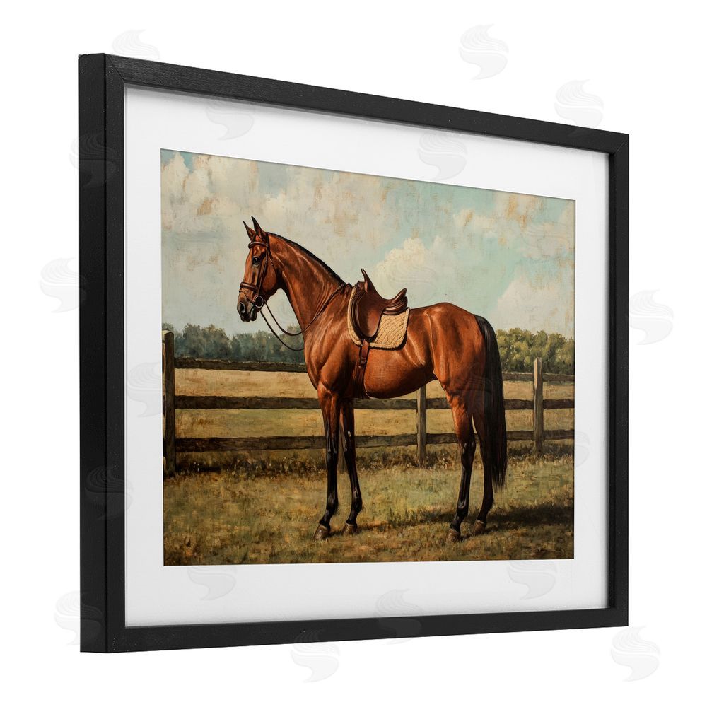 Petal Prints Design Chocolate Stag Saddled in Pasture Black Framed Print Under Glass Wall Art