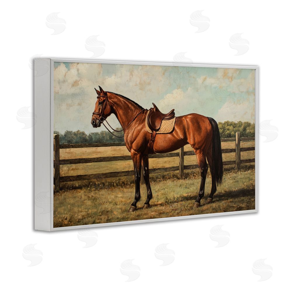 Petal Prints Design Chocolate Stag Saddled in Pasture White Framed Giclee Wall Art Print