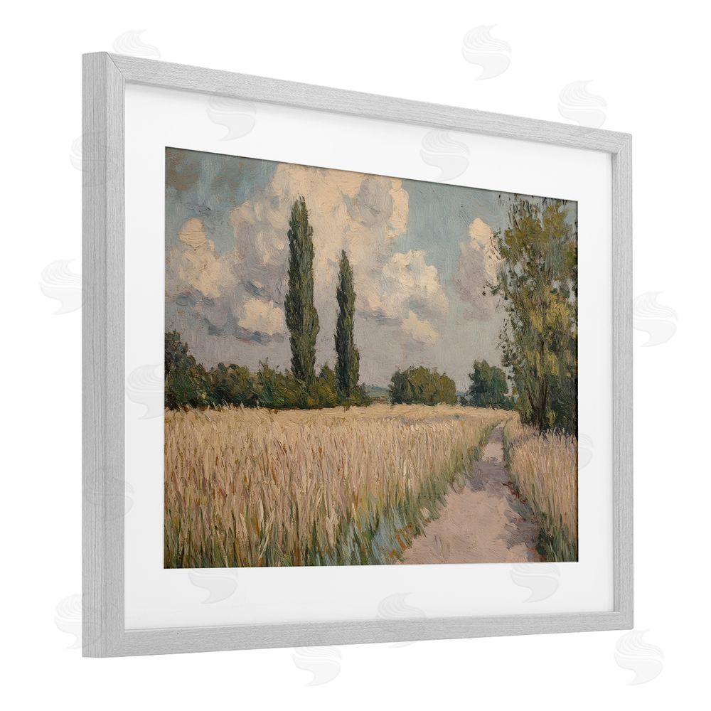 Petal Prints Design Summer Path Between Poplars Gray Framed Print Under Glass with White Mat Wall Art