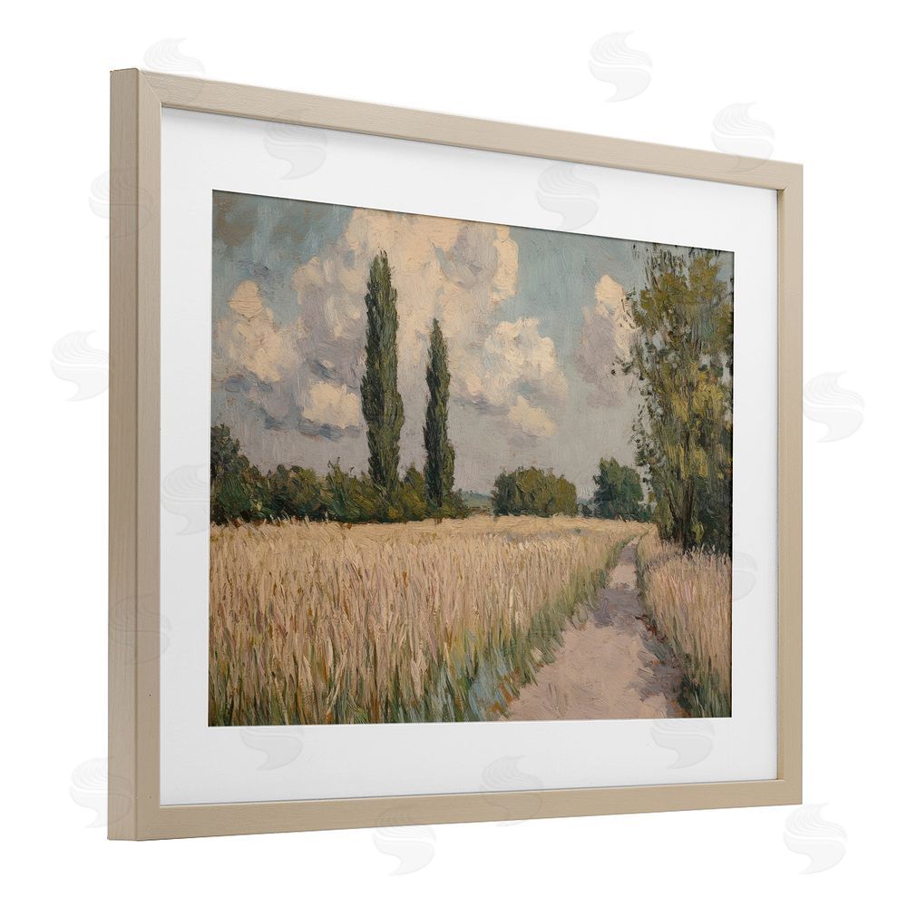 Petal Prints Design Summer Path Between Poplars Brown Framed Print Under Glass with White Mat Wall Art