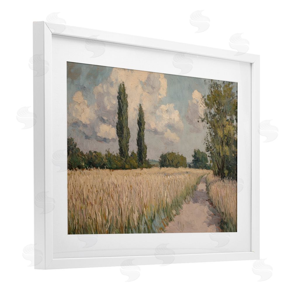 Petal Prints Design Summer Path Between Poplars White Framed Print Under Glass with White Mat Wall Art