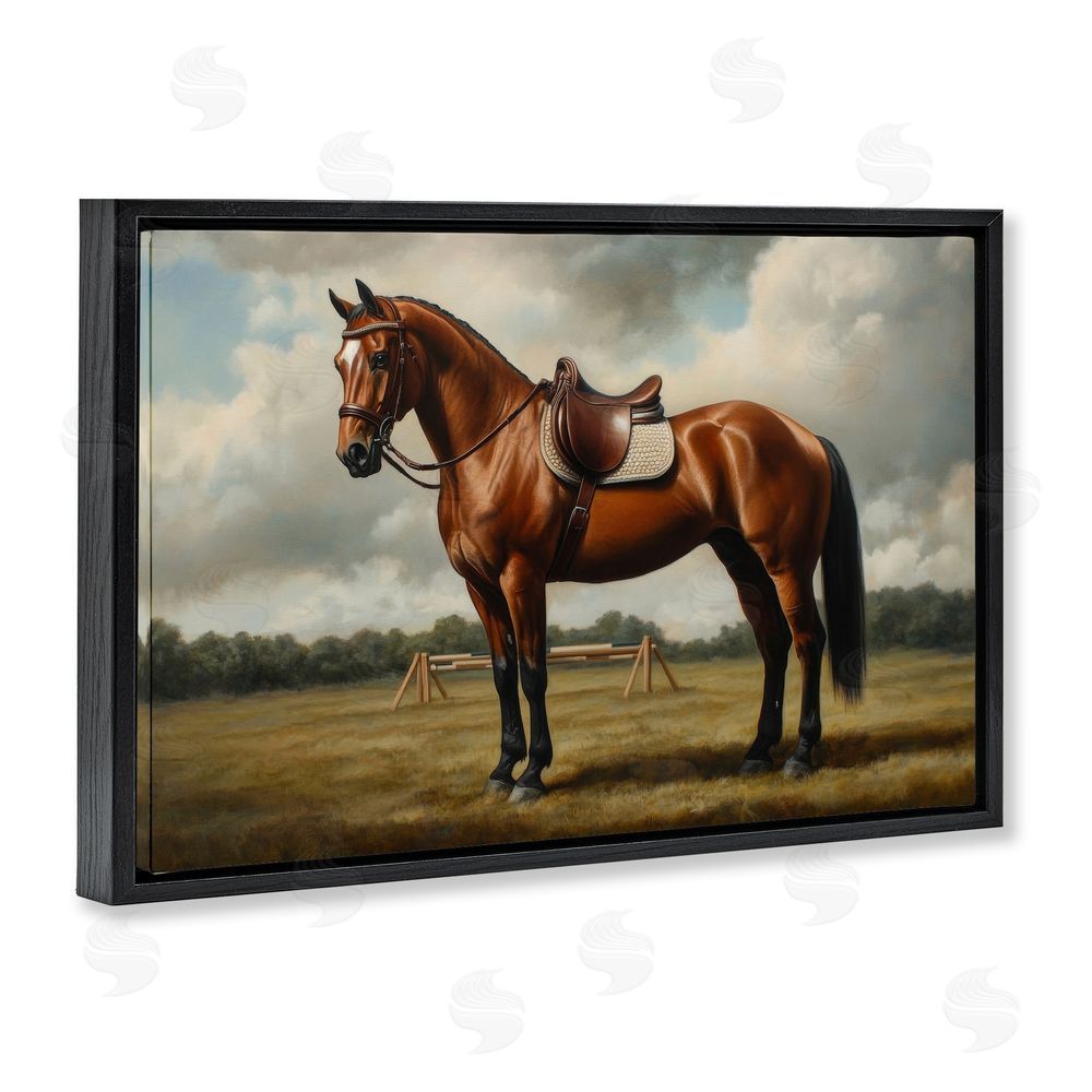 Petal Prints Design Red Mare in Pastoral Landscape Black Floating Framed Canvas Wall Art