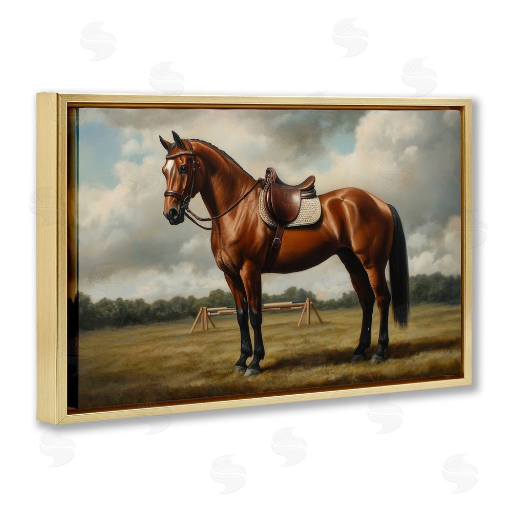 Petal Prints Design Red Mare in Pastoral Landscape Gold Floating Framed Canvas Wall Art