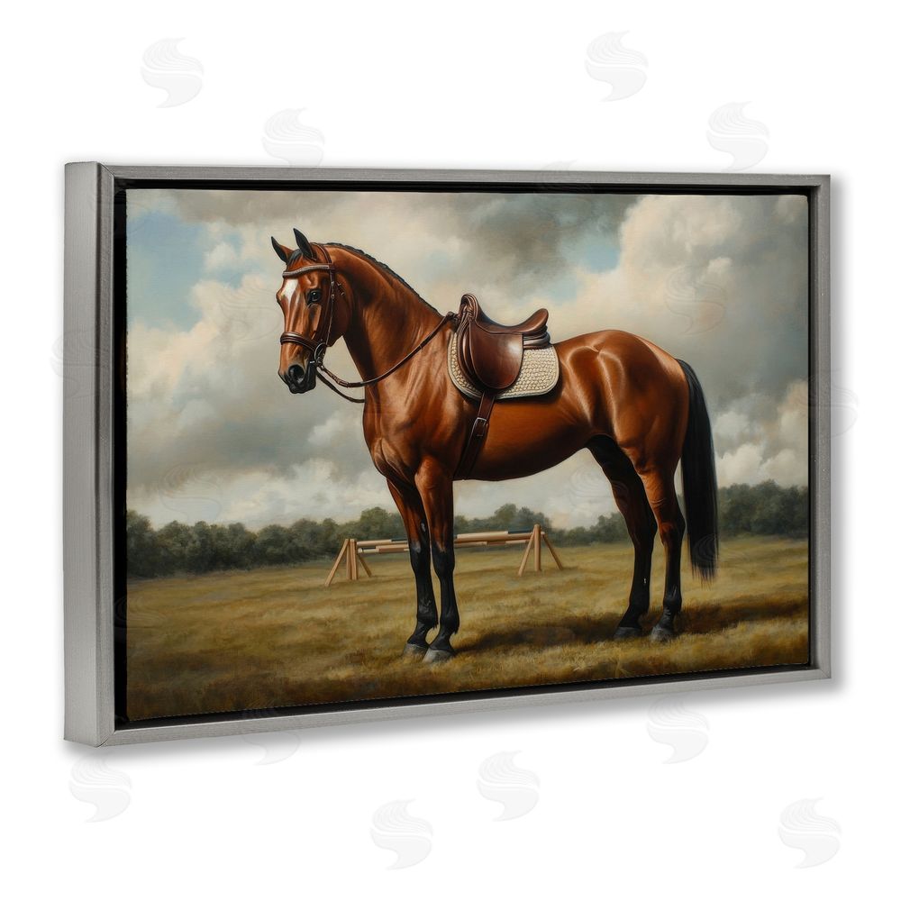 Petal Prints Design Red Mare in Pastoral Landscape Gray Floating Framed Canvas Wall Art