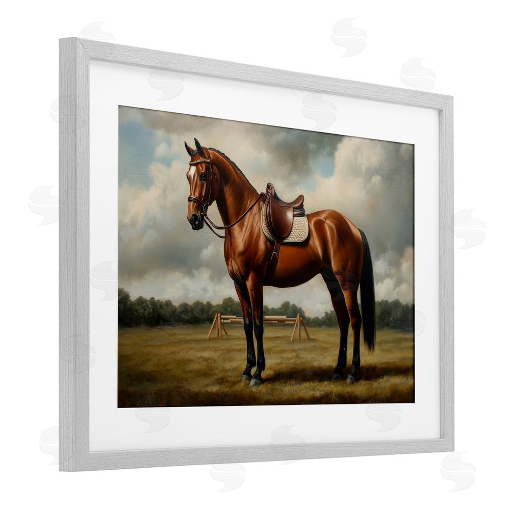 Petal Prints Design Red Mare in Pastoral Landscape Gray Framed Print Under Glass Wall Art