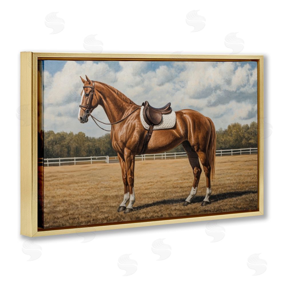 Petal Prints Design Saddled Up Chestnut Horse Gold Floating Framed Canvas Wall Art
