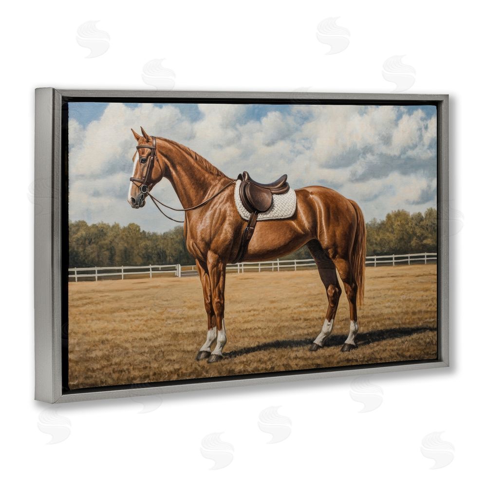 Petal Prints Design Saddled Up Chestnut Horse Gray Floating Framed Canvas Wall Art