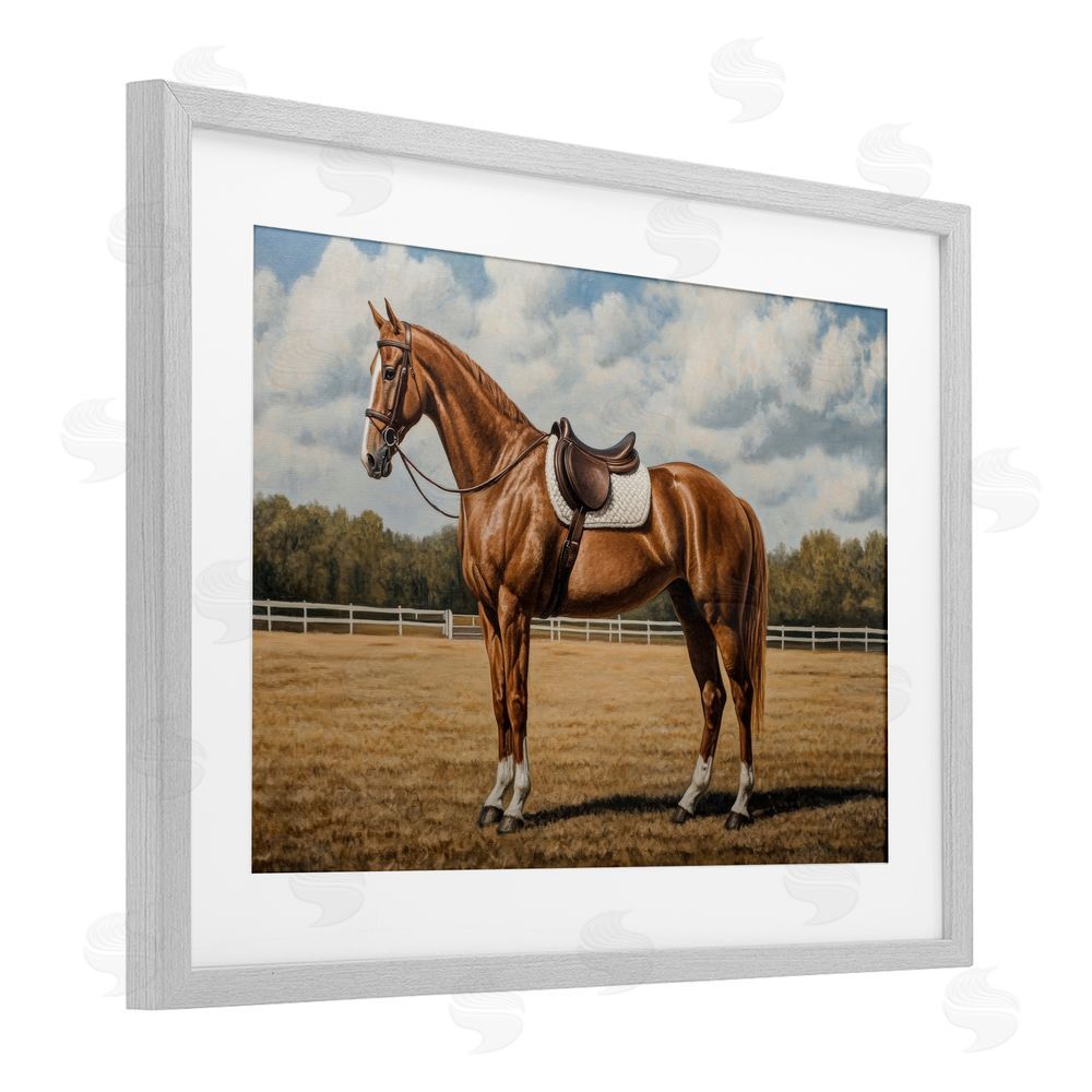 Petal Prints Design Saddled Up Chestnut Horse Gray Framed Print Under Glass Wall Art