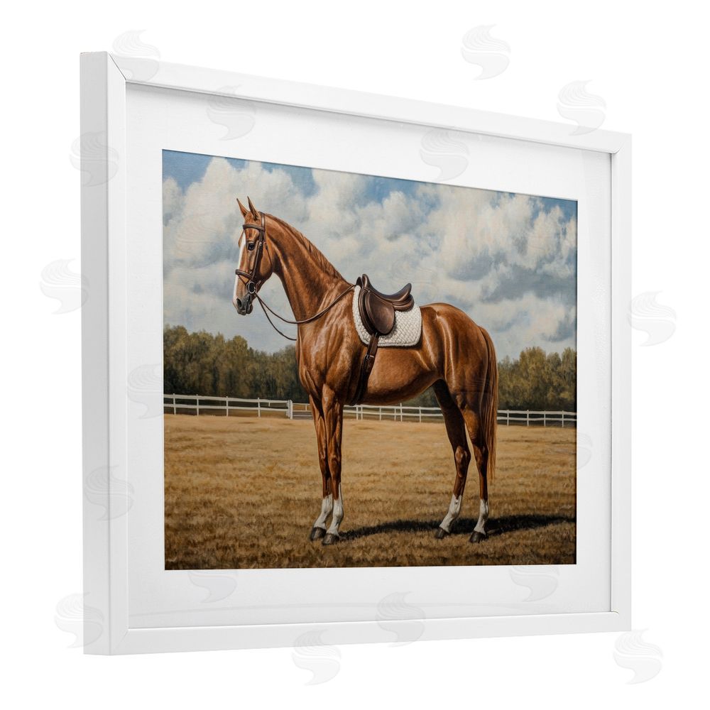Petal Prints Design Saddled Up Chestnut Horse White Framed Print Under Glass Wall Art