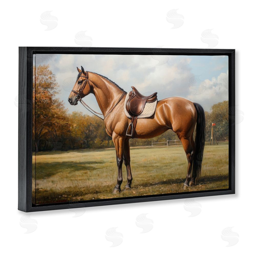 Petal Prints Design Show Ready Horse with Saddle Black Floating Framed Canvas Wall Art Print