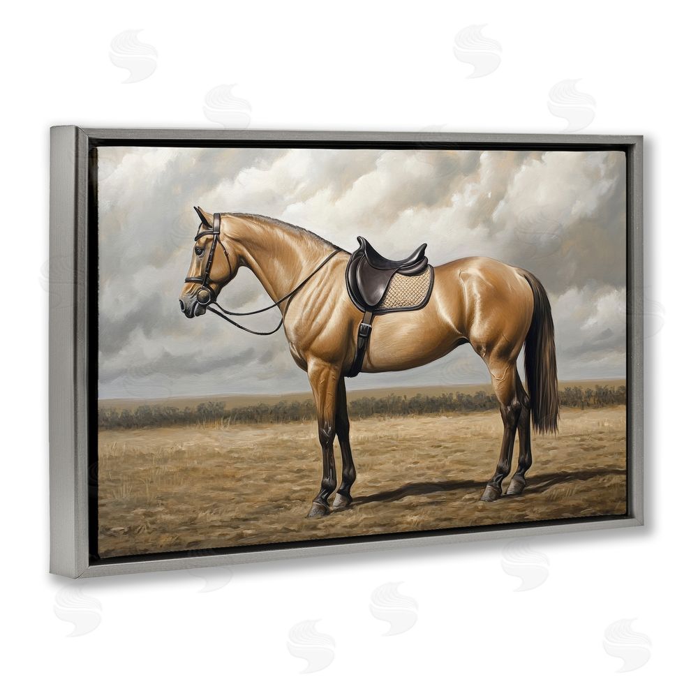 Petal Prints Design Shiny Mare Saddled Up Gray Floating Framed Canvas Wall Art Print