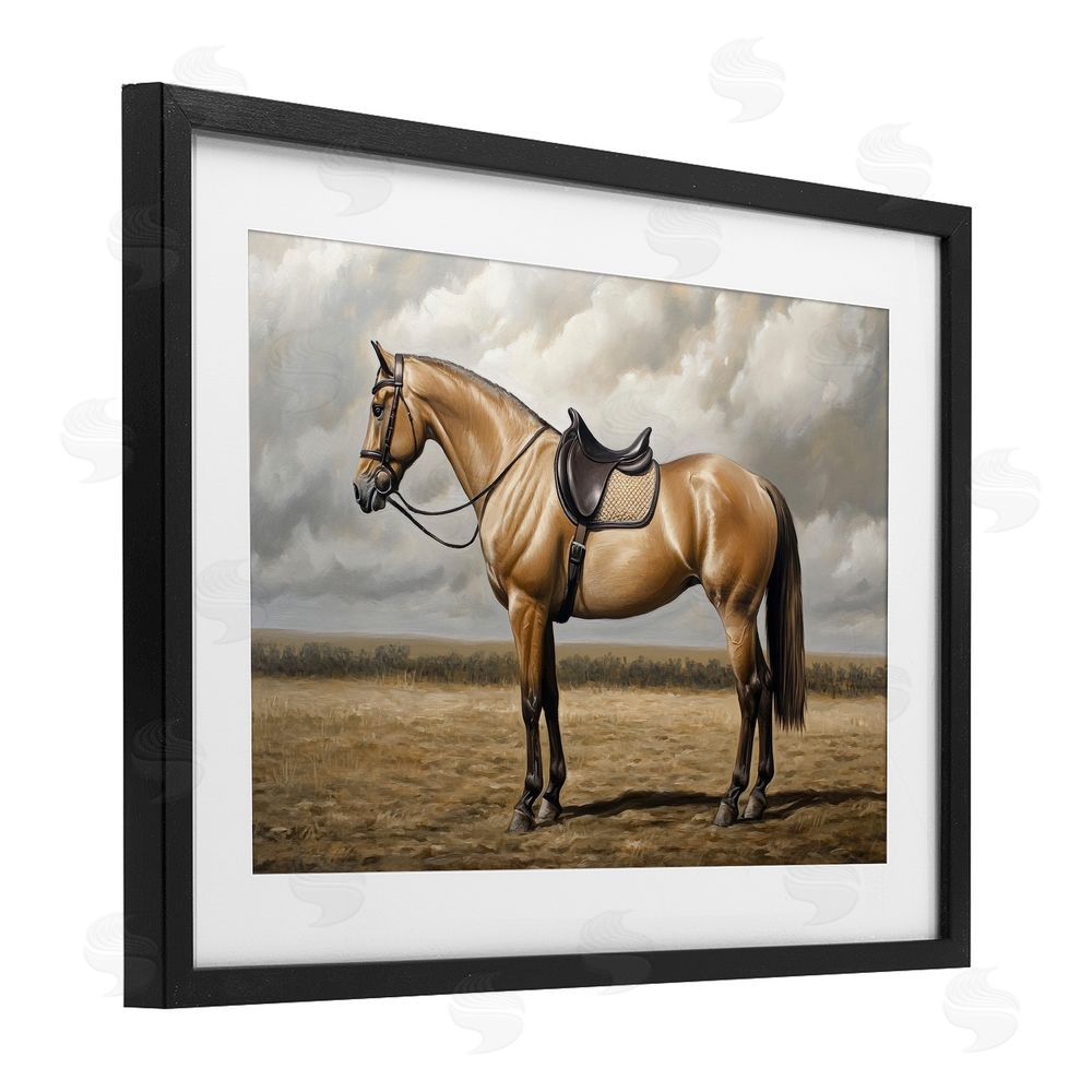 Petal Prints Design Shiny Mare Saddled Up Black Framed Print Under Glass with White Mat Wall Art